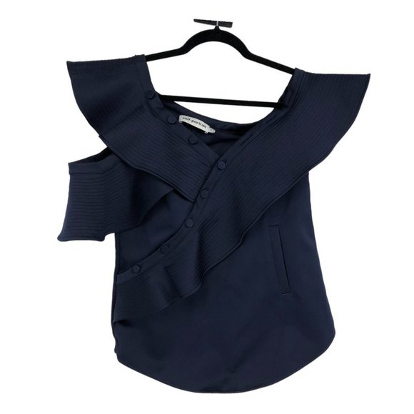 Self-Portrait royal blue off shoulder ruffled blouse in duchess satin size 6 - Picture 2 of 16